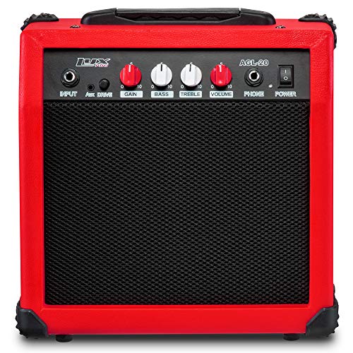 LyxPro Electric Guitar Amp 20 Watt Amplifier Built in Speaker Headphone Jack and Aux Input Includes Gain Bass Treble Volume and Grind - Red - color: Red, size: 20 Watt