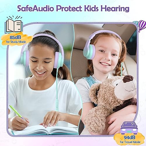 Candy Bila Wired Kids Headphones for School, Over-Ear for Boys Girls | Volume Limiter 85/94dB, HD Stereo Sound, Microphone and Wired Control,Foldable Design, Gradient Purple - color: Light Purple