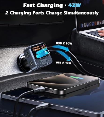Bluetooth 5.3 Car Adapter with FM Transmitter 42W PD Fast Charging | Bluetooth AUX USB Music Receiver HandsFree Calls, Beat Sync LED Lights for Car Stereo, Compatible with 12V-24V Vehicles