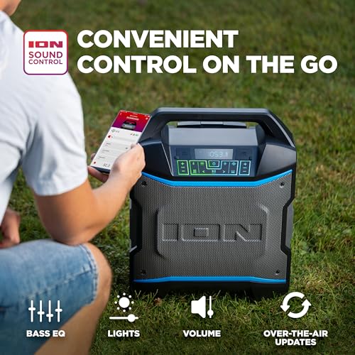 ION Block Rocker - Portable Bluetooth Outdoor Party Speaker with Karaoke Microphone, Battery, 4 Speakers, Radio, USB Port, App, Water-Resistant, 120W - style: Block Rocker