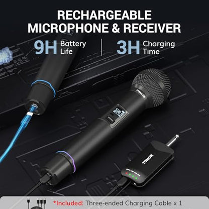 TONOR Rechargeable Wireless Microphones, Metal Bluetooth Handheld Cordless Mic System with Receiver, 2x25 UHF Professional Dynamic Mic for Karaoke, Church, Singing, Wedding, Meeting, DJ, 328ft TW720 - style: Plug-in Receiver