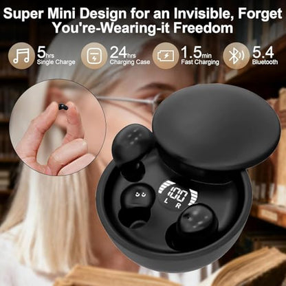 Mini Invisible Earbuds for Small Ears, Ear Buds for Side Sleeping | Ultra-compact Earbuds for Small Ears with Soft Silicone Fit, Bluetooth 5.4, IPX5, 4-5H Playtime 24-H Battery Case - color: Black