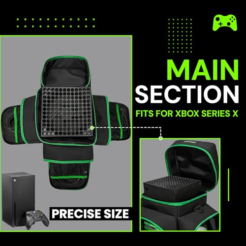 CROTIRAD Carrying Case for Xbox Series X with Multiple Storage Pockets | Water-Resistant Padded Travel Bag with 6 Pouches for Controllers, Headset, Game Discs, Cables, SSDs & Accessories, Green Zip