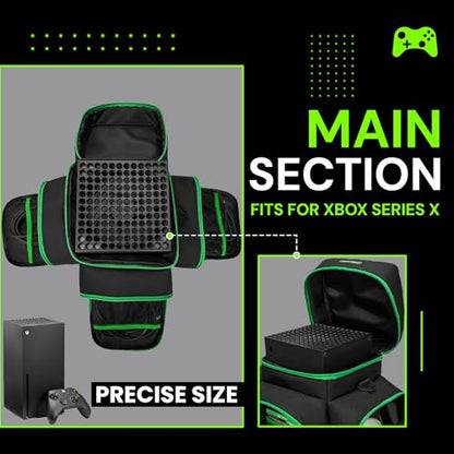 CROTIRAD Carrying Case for Xbox Series X with Multiple Storage Pockets | Water-Resistant Padded Travel Bag with 6 Pouches for Controllers, Headset, Game Discs, Cables, SSDs & Accessories, Green Zip
