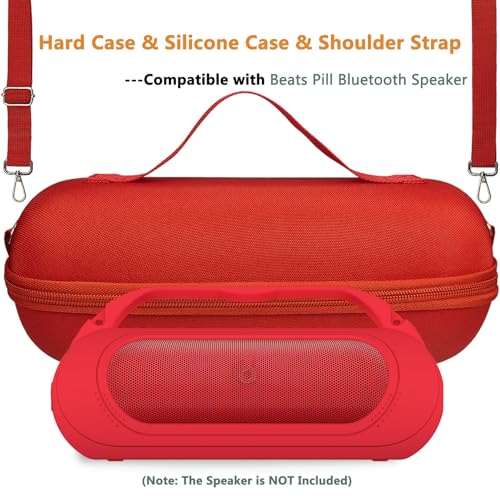 Protective Case for Beats Pill Bluetooth Speaker with Handle | Silicone Cover and Hard Carrying Case for Beats Pill Speaker Accessories with Shoulder Strap (Red) - color: Red