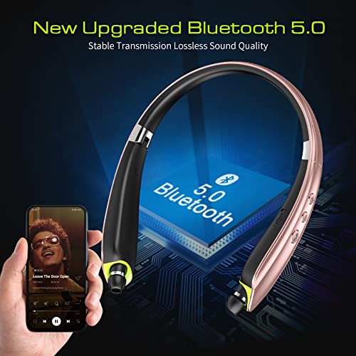 Bluetooth Headset, Neckband Bluetooth Headphones with Retractable Earbuds | Noise Cancelling Stereo Earphones with Mic, Foldable Wireless Headphones for Sports Office w/Carry Case, Rose Gold - color: Rose Gold