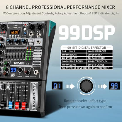 8-Channel Audio Mixer with USB, 99 DSP Effects, 48V Phantom Power
