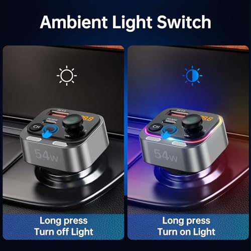 Syncwire Bluetooth 5.4 FM Transmitter Car Adapter 54W (PD 36W & 18W) [Stronger Dual Mics] [Light Switch] [HiFi Bass Sound] [Fast Charging] Wireless Radio Receiver Hands-Free Calling LED Display | [Stronger Dual Mics] [HiFi Bass Sound] [Fast Charging] Wire