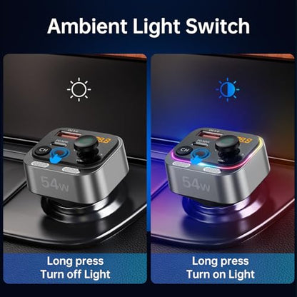 Syncwire Bluetooth 5.4 FM Transmitter Car Adapter 54W (PD 36W & 18W) [Stronger Dual Mics] [Light Switch] [HiFi Bass Sound] [Fast Charging] Wireless Radio Receiver Hands-Free Calling LED Display | [Stronger Dual Mics] [HiFi Bass Sound] [Fast Charging] Wire