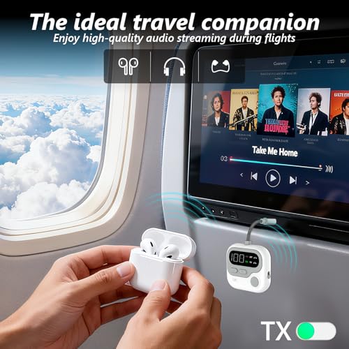 ELZO Bluetooth 5.4 Transmitter Receiver for Airplane, 2-in-1 Transmitter Receiver with 25Hrs Battery for 2 Airpods/Wireless Headphone, 3.5mm AUX Adapter Dongle Low Latency for Travel/TV/Car Stereo/Gym