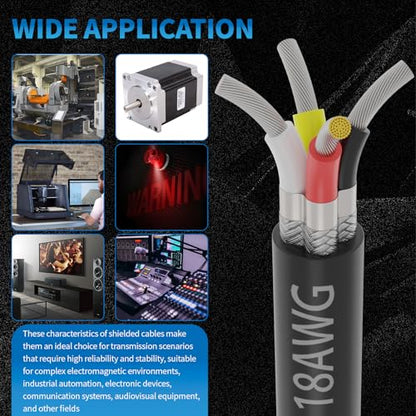 18 Gauge 4 Conductor Shielded Wire 50FT, UL2464 18 AWG 4 Shielded Cable | Tinned Copper Stranded 18/4 CNC Wires for CNC VFD Spindle, Stepper Motor, 3D Printer, Sound, Speaker, Signal Transmission - size: 50FT, style: 18AWG-4C