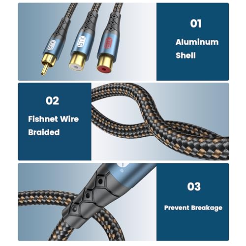 EMK RCA Splitter 1 Male to 2RCA Female Copper Shell Gold-Plated Y Adapter RCA Male to 2RCA Female Cable RCA Y Splitter Connectors Extension Cord 1ft/0.3m - size: 1ft/0.3m, style: 1Male to 2Female