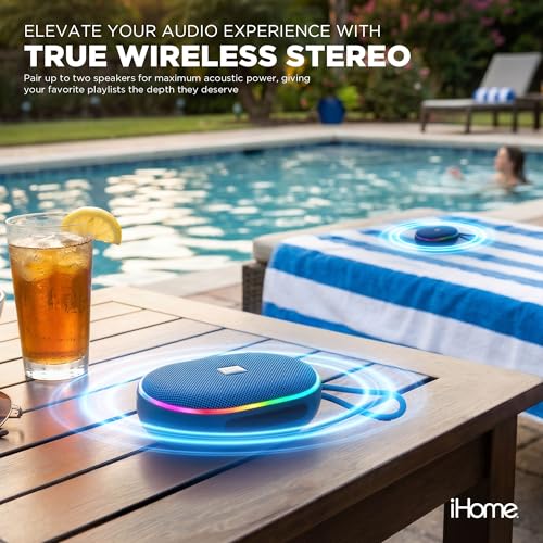 iHome Venture Wireless Portable Bluetooth Speaker with RGB Lights | Water Resistant, Built-in Carry Strap, TWS Pairing, Color-Changing LEDs, Rechargeable Battery, Cable Included, Bluetooth 5.3 - color: Blue