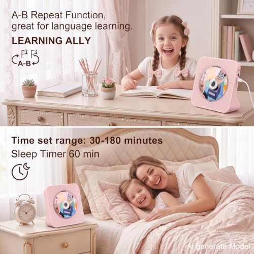 Gueray Portable CD Player with Bluetooth for Home, Hi-Fi Speaker,FM Radio | Plug-in desktop use,2-way Bluetooth mode, 3W speakers,Remote control,sleep timer, A-B repeat,USB/AUX,headphone jack - color: Pink