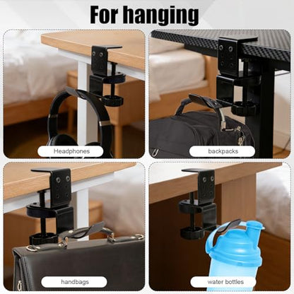 2pcs Heavy Duty Desk Clamp Hook, Carbon Steel 360° Rotating Under Desk Table Bag Hook Clamp on Hanger Office Gaming Accessories for Umbrellas Backpack Headphone Purse (Black)