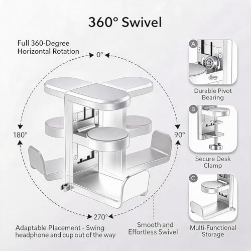 360° Rotating Headphone Hanger, Under Desk Headset Holder, Clamp‑On Headphone Stand for All Over‑Ear Headphones,White - color: White