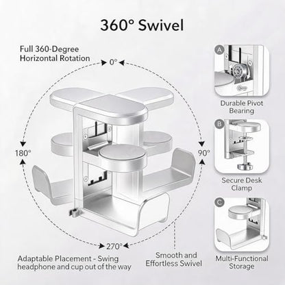 360° Rotating Headphone Hanger, Under Desk Headset Holder, Clamp‑On Headphone Stand for All Over‑Ear Headphones,White - color: White