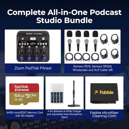 Zoom PodTrak P4next Portable Multitrack Podcast Recorder Bundle with Microphones, Headphones, Windscreens, Desktop Mic Stand, XLR Cables, Charger, and 64GB Card