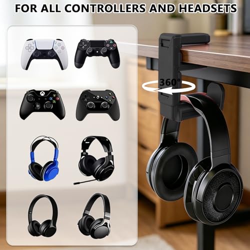Rotating Headphone Stand with 360° Swivel, Adjustable Clamp-on Under Desk Headset Holder, Gaming Headphone Hanger (Black) - color: Black