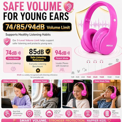 Kids Bluetooth Headphones Wireless 68 Hours,Safe Volume Limit 85/94dB | Adjustable Headband Foldable Over-Ear Lightweight Headsets for Toddler Girls Boys Tablet/iPad,HD Stereo,Built-in Mic,H-Pink - color: Rose Pink