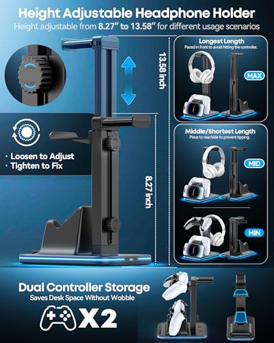 Gaming Headset & Controller Stand, Rotating Headphone Storage with 2 Controllers & Phone Holder, 9 RGB Modes Game Desk Storage for PS5/PS4/XBOX PC Gamer Essentials Organizer Gift Accessories - size: M-Black-RGB