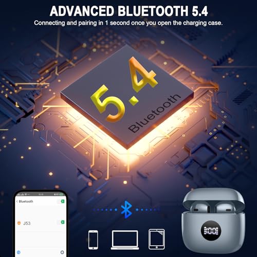 Wireless Earbuds, Bluetooth 5.4 Ear Buds, LED Power Display, 6D Bass Stereo | 4 ENC Noise Cancelling Mic, HiFi Stereo, In-Ear Headphones, 40H Playback Mini Case, IP7 Waterproof Sports, for Android iOS - color: Dark Gray