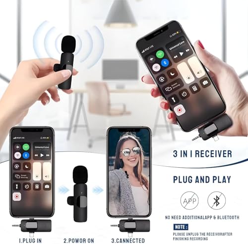 Wireless Lavalier Microphone Dual-Set, 3-in-1 Receiver (Lightning/USB-C/3.5 mm), 2 Clip-On Mics, 20 m Range, Plug-and-Play Audio for iPhone, Android, DSLR, YouTube & Zoom