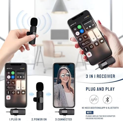 Wireless Lavalier Microphone Dual-Set, 3-in-1 Receiver (Lightning/USB-C/3.5 mm), 2 Clip-On Mics, 20 m Range, Plug-and-Play Audio for iPhone, Android, DSLR, YouTube & Zoom