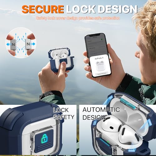 for AirPods 4 Case with Lock Magnetic Lid MagSafe, Blue | Compatible with Apple AirPods 4th Generation Protective Case with Cleaner Kit & Carabiner, Powerful Drop Protection - color: TW-Blue, size: Airpods 4th Generation