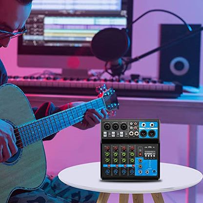 Professional Mini Audio DJ Mixer, 5 Channel Bluetooth Controller Sound Board Console System, USB Interface, 2 XLR Mic/Line, MP3 Player w/48V Phantom For Karaoke Stereo live Studio Streaming Recording