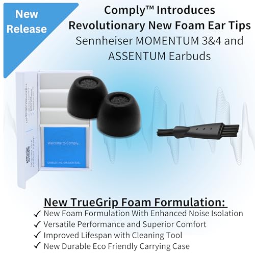 Comply TrueGrip 프리미엄 메모리 폼 교체용 이어 팁, 블랙, 미디엄 | 3쌍, Sennheiser Momentum 3, 4, ACCENTUM, 향상된 편안함, 안전한 핏, 우수한 소음 차단, 청소 도구 - size: Medium