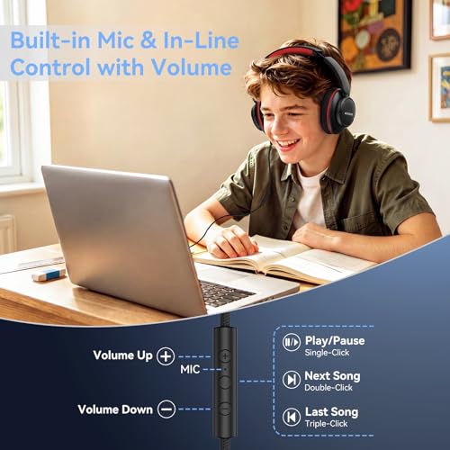 KVIDIO Wired Headphones with Microphone, Over Ear Foldable 3.5mm Plug in Corded Headphones with Volume Control, 4.9ft Tangle-Free Cord for Tablet Laptop MP3/4 School, Airplane Travel Black Red | Wired Over Ear Foldable Headphones for Teens Classroom Trave
