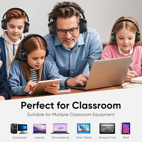 Kids Wired Headphones for School, 10-Pack, Foldable with Mic | Stereo sound, Comfortable over-ear fit, Foldable design, 3.5 mm jack, Ideal for classrooms, iPads, tablets and computers - color: 10 Pack-Black