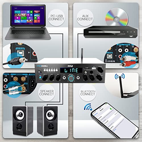 Pyle 200W Bluetooth Stereo Amplifier - Compact Desktop Power Amp Receiver with FM Radio, Karaoke Ready - Dual Mic Input with Echo, Digital LCD Display, RCA in/Out, USB-A Mp3 Player - Pyle PDA612BU