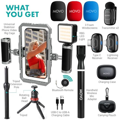 Movo iFilmer-PRO Smartphone Video Rig Kit – Stabilizer Cage with Dual Grips, Wireless Lavalier Microphones & Tripod for iPhone/Android