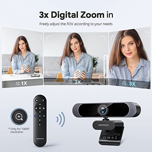 DEPSTECH 4K Webcam, Ultra HD 1/2.55'' Sony Sensor 3X Digital Zoom Autofocus | Dual Noise-Canceling Microphones, Remote Control, 80° FOV, Streaming Webcam for PC Mac Laptop Video Call Zoom Skype Teams