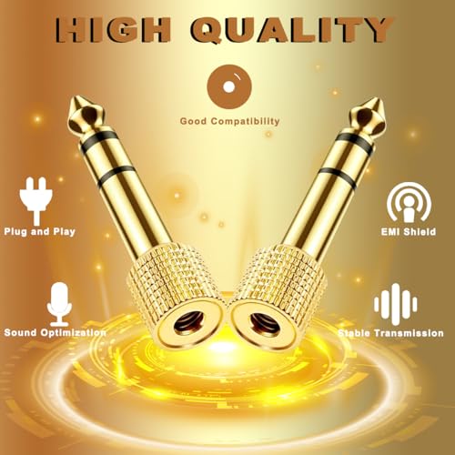 5PCS 6.35mm (1/4 inch) Male to 3.5mm (1/8 inch) Female Stereo Audio Headphone Jack Adapter Connect Gold-Plated Plug Socket with Cable Tie, for Guitar Computer Amplifiers AV Receivers