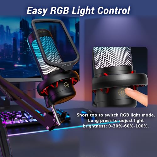 TONOR Gaming Microphone Set with Boom Arm, Vocal Condenser Microphone for Content Creators, USB Mic for PC with Stand, RGB, Tap Mute, Gain Control, Gaming Equipemnt, Twitch, Streaming, TC310+ | Boom Arm Set, USB Mic with Controllable Light, One Tap Mute,