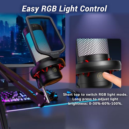 TONOR Gaming Microphone Set with Boom Arm, Vocal Condenser Microphone for Content Creators, USB Mic for PC with Stand, RGB, Tap Mute, Gain Control, Gaming Equipemnt, Twitch, Streaming, TC310+ | Boom Arm Set, USB Mic with Controllable Light, One Tap Mute,