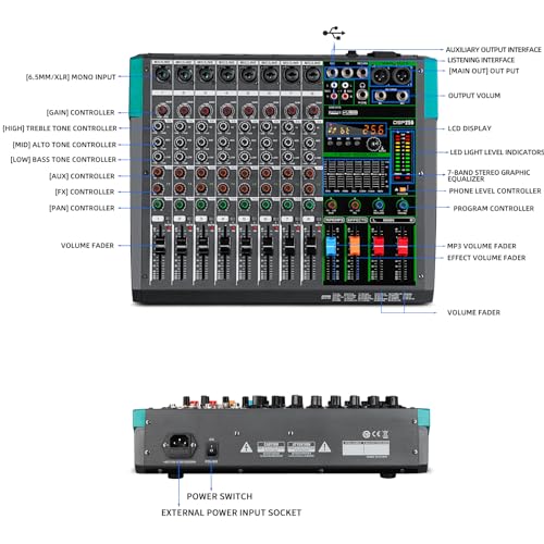 Depusheng PA8 Professional Audio Mixer Sound Board Console Desk System Interface 8 Channel Digital USB Bluetooth MP3 Computer Input 48V Phantom Power Built-in 256 Reverb Effect, Black