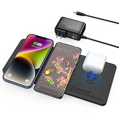 ZealSound Wireless Charging Pad, 3 in 1 Charger Mat for iPhone, Samsung Galaxy, Pixel, AirPods & Galaxy Buds, 24W Adapter Included, Ultra Slim, Case Friendly, PU Leather, for Home Office & Travel - color: Black 1