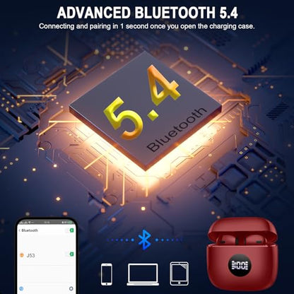 Jxrev Wireless Earbuds, Bluetooth Headphone 5.4, LED Power Display Ear Buds | Bass Stereo, Bluetooth Earbuds, in-Ear Noise Cancelling Mic, Playback Mini Case, IP7 Waterproof Sport Earphones, Android iOS - color: peach Wine red