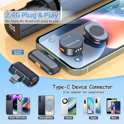 Wireless Lavalier Microphone for i Phone Android,Mini Clip-on/Magnetic Mic with 3-Mode Noise Cancellation,100FT Range,30H Battery Charging Case for USB-C Smart Device Vlog/Video Recording/Interview