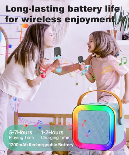 Mini Kids Karaoke Machine Ages 3-12, Wireless Microphones Bluetooth Speaker | LED Party Lights, Voice Changer, Duets, BT 5.3, Rechargeable Portable, Birthday Christmas Toys & Gifts for Boys & Girls - color: Blue - 1 Mic