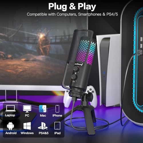 ZealSound Podcast Microphone for PC/Mac/iPhone/Phone – 96kHz/24bit USB Condenser Mic with Noise Reduction, Tap-to-Mute, Gain Control, Zero-Latency Monitor, RGB Light for Streaming, Gaming, Recording