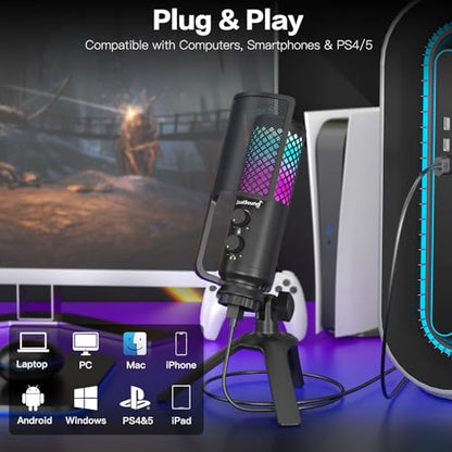ZealSound Podcast Microphone for PC/Mac/iPhone/Phone – 96kHz/24bit USB Condenser Mic with Noise Reduction, Tap-to-Mute, Gain Control, Zero-Latency Monitor, RGB Light for Streaming, Gaming, Recording