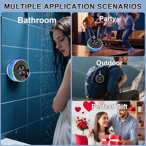 Tukio Bluetooth Speaker, lPX7 Waterproof Shower Portable Speaker with LED Light, Bluetooth 5.4 HD Stereo Sound, Digital Display with Suction Cup, Wireless Speaker for Outdoor Party Beach Bathroom