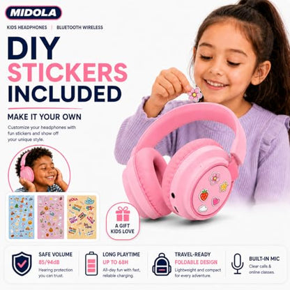 Kids Bluetooth Headphones Wireless 68 Hours,Safe Volume Limit 85/94dB Pink | Adjustable Headband Foldable Over-Ear Lightweight Headsets for Toddler Girls Boys Tablet/iPad,HD Stereo,Built-in Mic - color: Pink