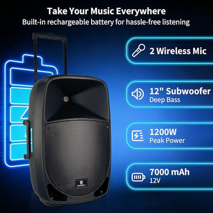 PRORECK Portable 12 Inch 1200W Powered PA/DJ Speaker System with Rechargeable Battery, 2 Wireless Mics, Bluetooth, USB, SD, FM Radio, Remote, Speaker Stand for Parties, Karaoke, speeches, Outdoor - size: 12 inch