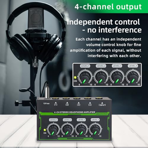 Headphone Amplifier 4 Channel Stereo Headphone Amp Mini Audio Amplifier with Power Adapter DC 12V 6.35mm Input/Output Interface Portable Earphone Amp Splitter for Stage Studio